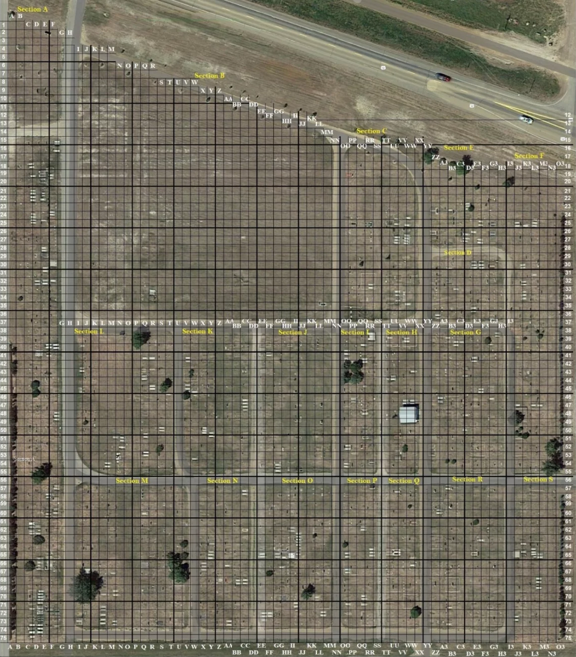 Map of the Bowman, ND cemetery with a grid for all the graves.